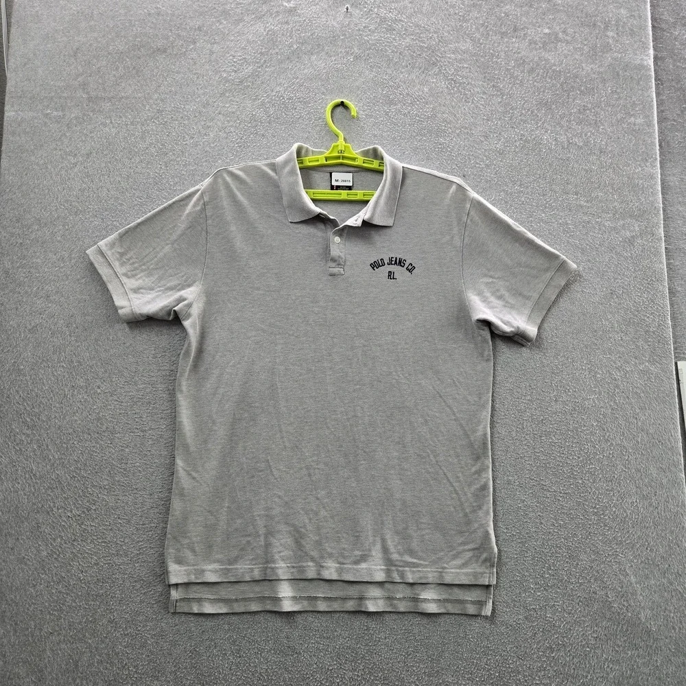 VINTAGE Polo Jeans Men Polo LARGE Gray Embroidered Text Button Logo Short Sleeve